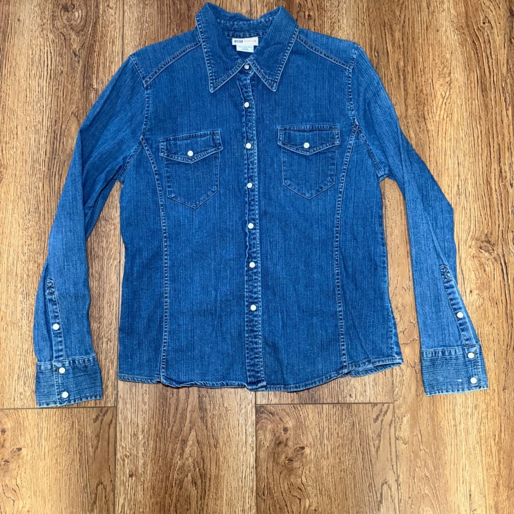 Faded Glory y2k Denim Pearl Snap Button Down Western Womens Large 12/14 Cowgirl